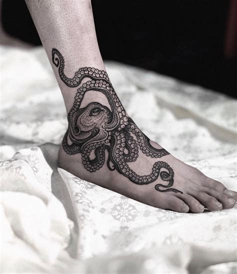 Stunning Octopus Tattoo on Ankle - Unique Dotwork Design