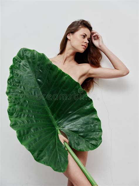 Woman With Palm Leaf Covers Naked Body Attractive Look Stock Photo Image Of Body Palm 225520640