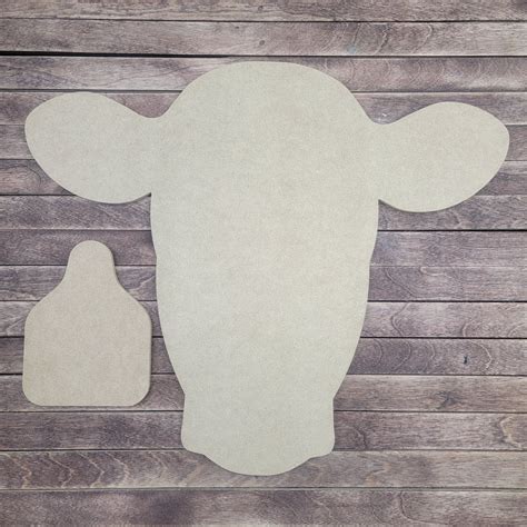 Unfinished Wood Cow Head With Cattle Tag 2 Piece Set Cutouts