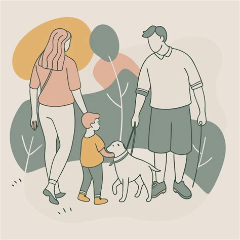 Un Dessin D Une Famille Avec Un Chien Et Une Femme Qui Marche Avec Un