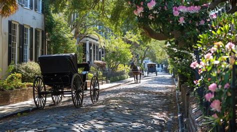 Uma Rua De Paralelepípedos Em Charleston Carolina Do Sul Alinhada Por