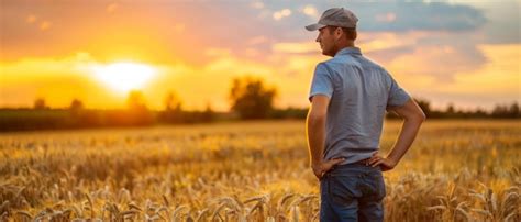 Premium Photo A Young Handsome Farmer Stands In A Wheat Field At