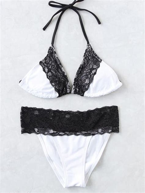 White Contrast Lace Trim Triangle Bikini Set Bikinis Triangle Bikini