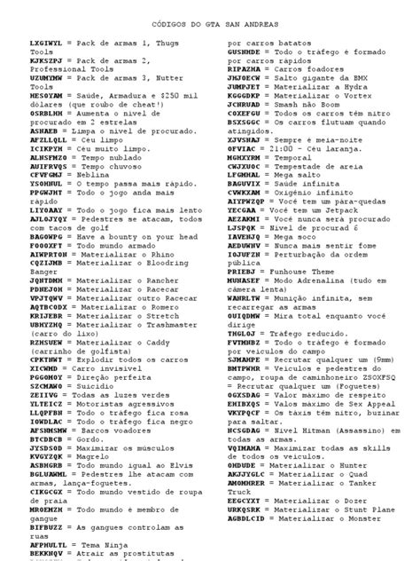 Todos O Codigos Do Gta San Andreas