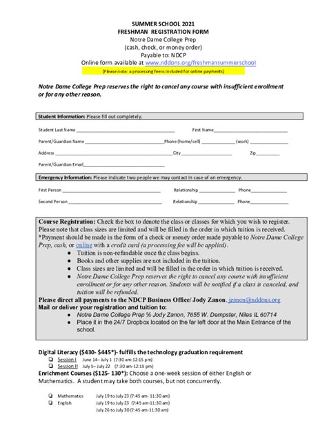 Fillable Online Summer School 2021 Freshman Registration Form Fax Email