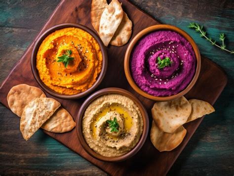 Premium AI Image Hummus Various Hummus Dips Red Yellow White Humus