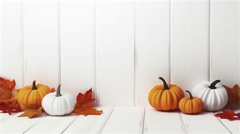 Premium Photo Pumpkins And Fallen Leaves On White Wooden Table High