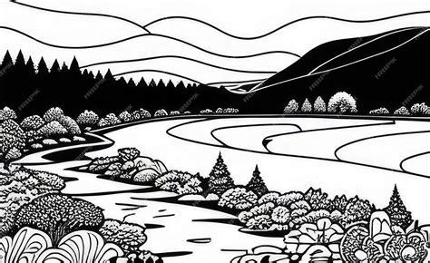 Premium Photo | Black and white vector illustration of a mountain ...