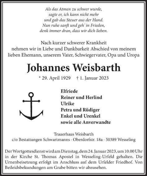 Traueranzeigen Von Johannes Weisbarth Wirtrauern