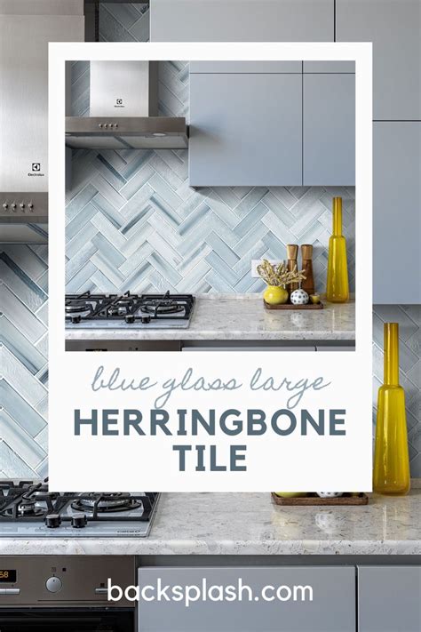 Blue Glass Large Herringbone Mosaic Backsplash Tile Modern Design