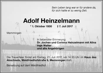 Traueranzeigen Von Adolf Heinzelmann Allg Uer Zeitung