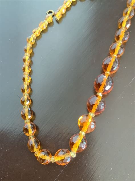 Czech Multi Faceted Amber Glass Bead Necklace Gem