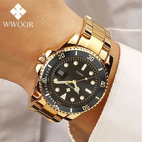 Wwoor Top New Luxury Watch Men Gold Black Quartz Bracelet Wristwatch