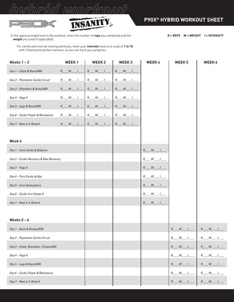 P90x Insanity Hybrid Workout Sheet Template Download Printable Pdf Templateroller