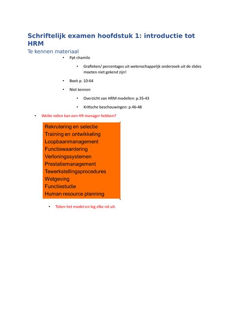 Hoofdstuk 1 Schriftelijk Examen Hoofdstuk 1 Introductie Tot HRM Te