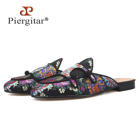 Piergitar New Flower Pattern Men Silk Mules For Parties And