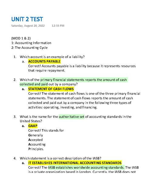 UNIT 2 TEST MOD 9 Quiz MOD 1 2 1 Accounting Information 2 The