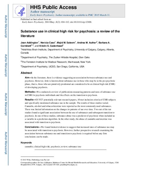 Pdf Substance Use In Clinical High Risk For Psychosis A Review Of The Literature