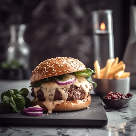 Premium Ai Image Craft Beef Burger And French Fries On Wooden Board On Black Background