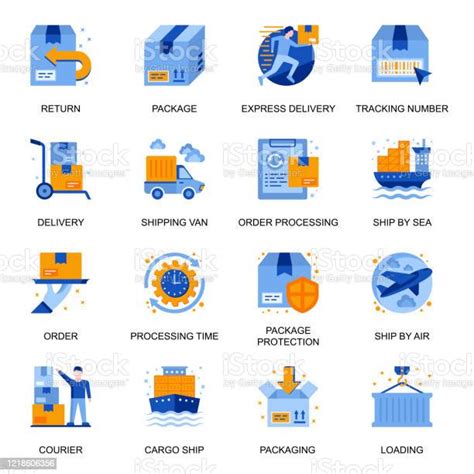 以平面樣式設置的遞送服務圖示訂單和運輸跟蹤編號處理時間退貨包裹保護船舶空運和海運標誌向量圖形及更多速度圖片 速度 交通方式 使用者體驗