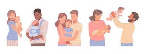 Conjunto de personajes de mamá y papá con bebés padres jóvenes felices