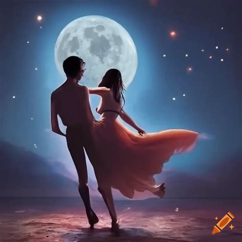 Pintura De Dos Amantes Bailando Bajo La Luna