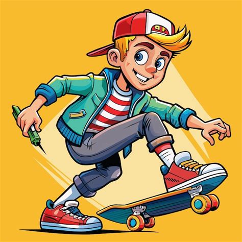 Premium Vector A Cartoon Drawing Of A Boy Riding A Skateboard With A