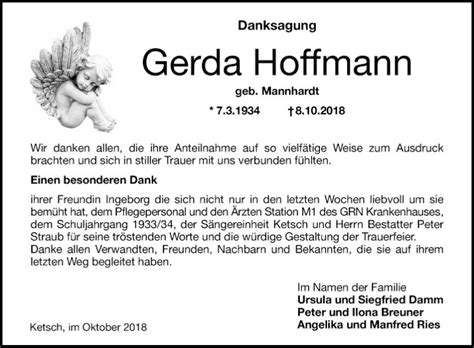 Traueranzeigen Von Gerda Hoffmann Trauerportal Ihrer Tageszeitung