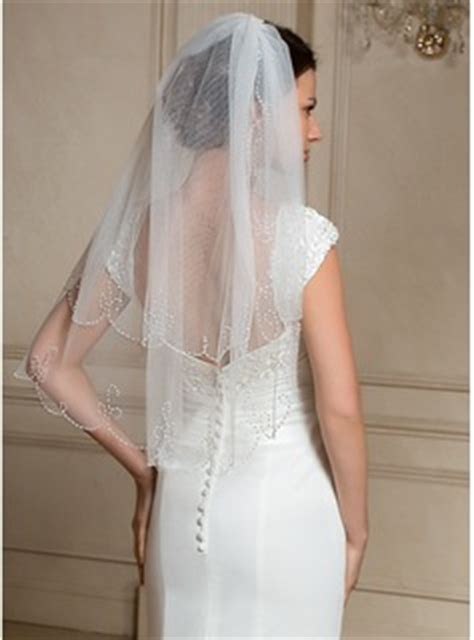 Two Tier Beaded Edge Elbow Bridal Veils With Beading 006024475 JJ S