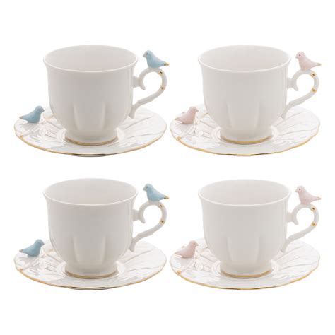 Conjunto 4 Xícaras Chá 200ml E Pires Wolff Birds Passarinho Luxo