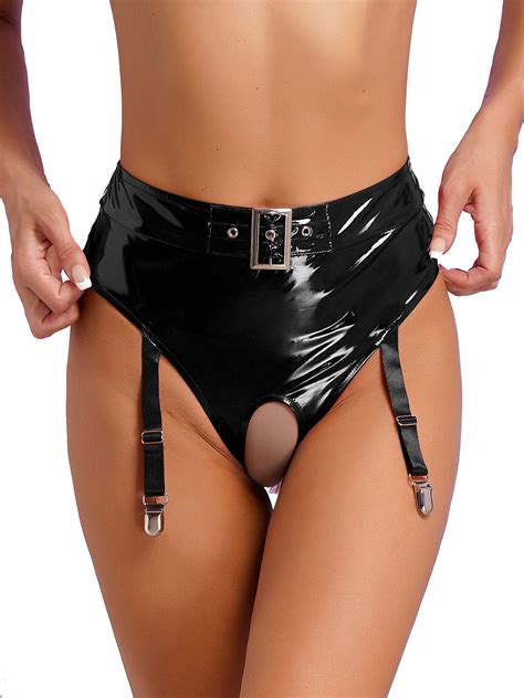 Yizyif Womens Exotic Lingerie Latex Panties Underwear With Garter Clips