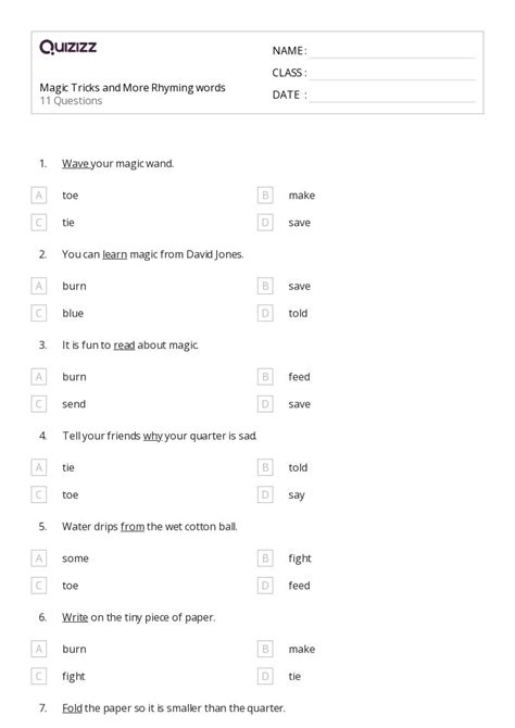 50 Rhyming Words Worksheets For 7th Grade On Quizizz Free And Printable