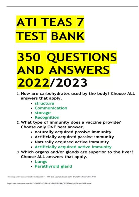 Ati Teas 7 Test Bank 350 Questions And Answers 20222023 Ati Teas 7