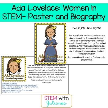 Ada Lovelace: Women in STEM- Poster and Biography by STEM with Julianna