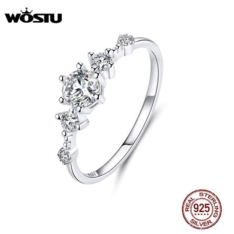 Wostu Real Prata Esterlina Brilhante Zircon Anel De Casamento