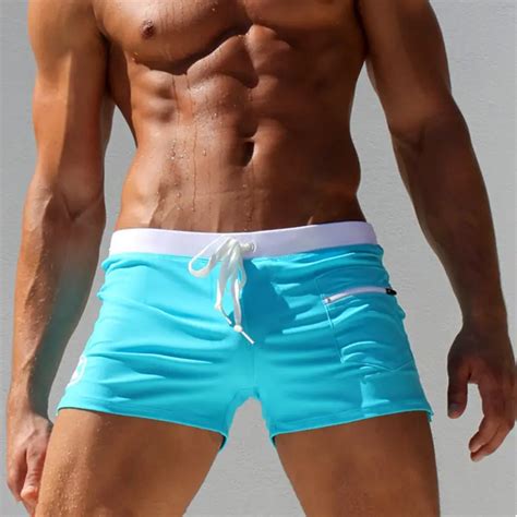 Mens Swim Trunks Sexy Swimwear Zipper Pocket Beach Wear Swimsuit Men