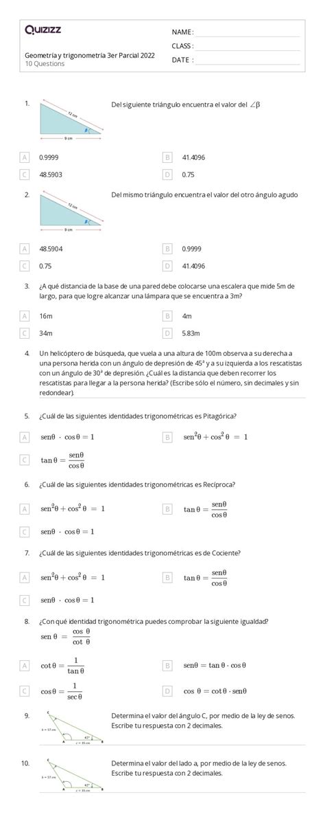 Ley De Los Senos Hojas De Trabajo Para Grado En Quizizz Gratis