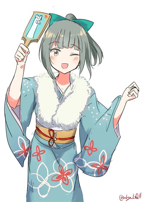 Safebooru 1girl Absurdres Alternate Costume Aqua Kimono Blunt Bangs Brown Eyes Fur Trimmed