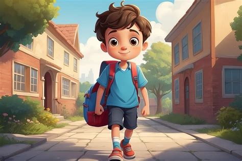 Premium Photo Cartoon Boy Goes To School Wearing A Bag On His Shoulder