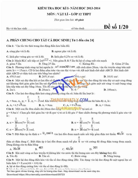 [doc] Đề Thi Học Kì 1 Vật Lí 12 Thư Viện Vật Lý