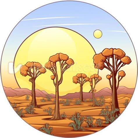 Paisaje De Dibujos Animados Con Paisaje Desértico Y árboles Al Atardecer Ilustración De Dibujos