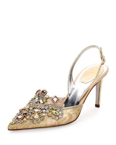 Ren Caovilla Jeweled Lace Snakeskin Slingback Mm Pump Gold