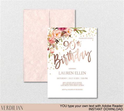 90th Birthday Invitation Blush Rose Gold Birthday Party Invitation For