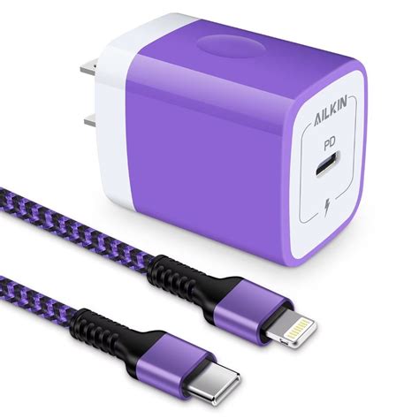 Ailkin 20w Pd Fast Phone Charger Usb C Type Lightning Cable Iphone And Android 10ft Purple