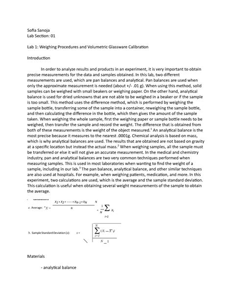 Analytical Chem Pre Lab 1 Sofia Sanoja Lab Section 01 Lab 1