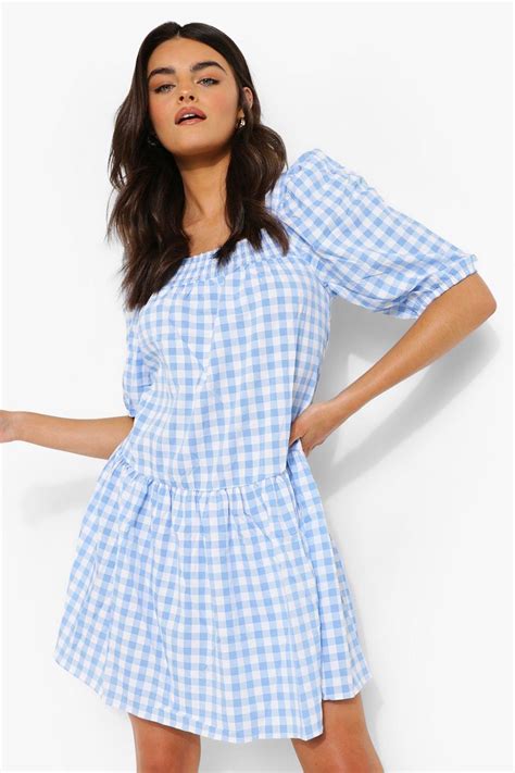 Womens Gingham Square Neck Smock Dress Blue 4 Womens Gingham