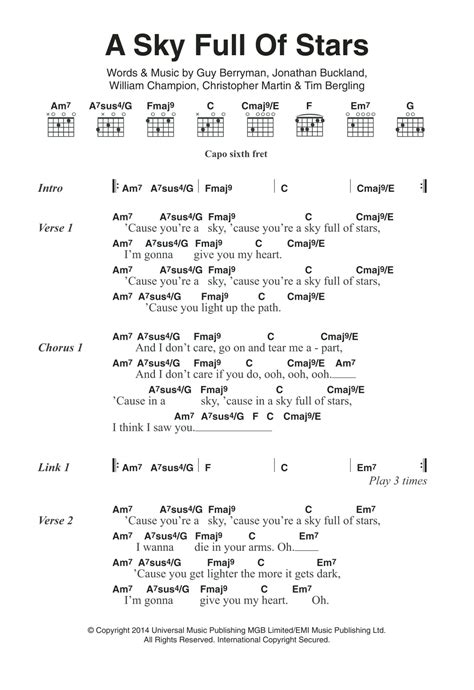 A Sky Full Of Stars By Coldplay Sheet Music For Guitar Chords Lyrics At Sheet Music Direct