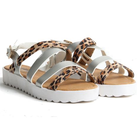 Womens Ladies Buckle Up Leopard Print Sandals Wedge Summer Shoes Ebay