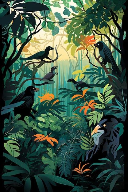 Premium AI Image | a painting of birds in the jungle by person