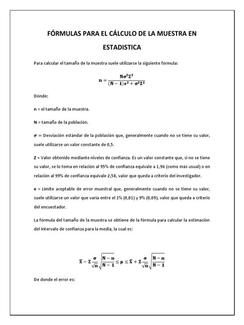 Fórmulas Para El Cálculo De La Muestra Determinación Del Tamaño De La Muestra Muestreo